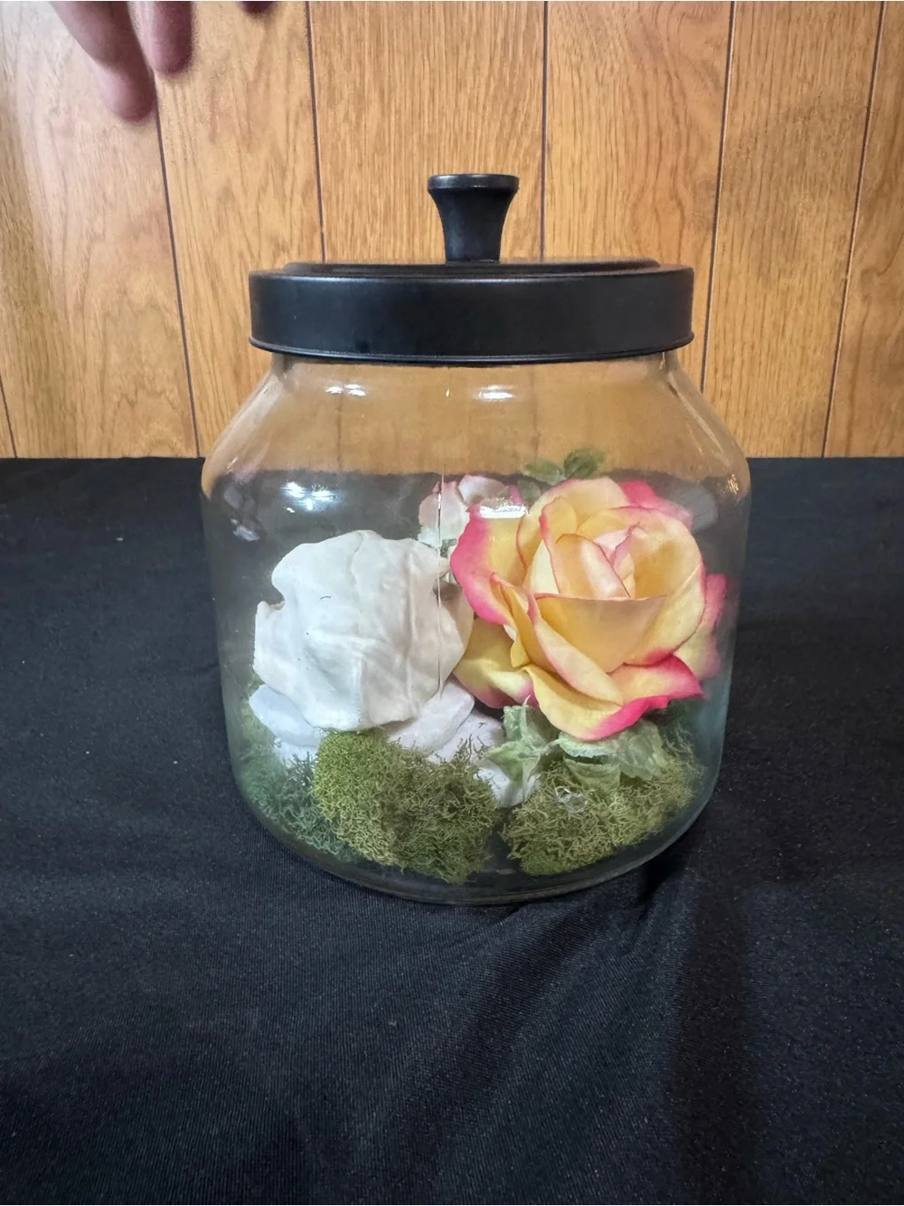 Black Lid Glass Terrarium Jar with Floral and Moss Display